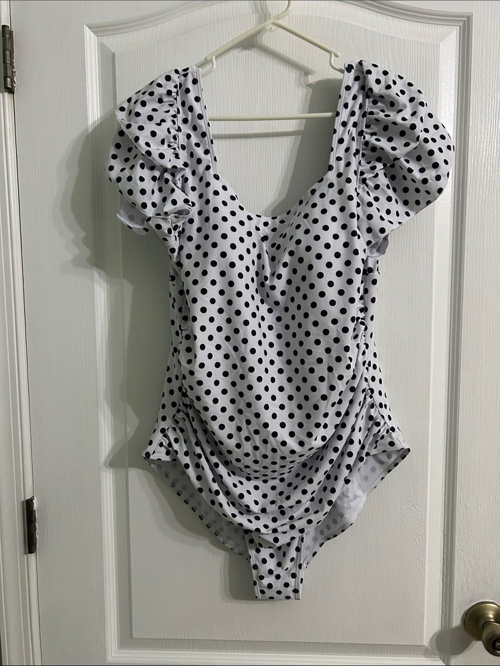 White Polka Dot One-Piece Swimsuit with Puff Shoulders